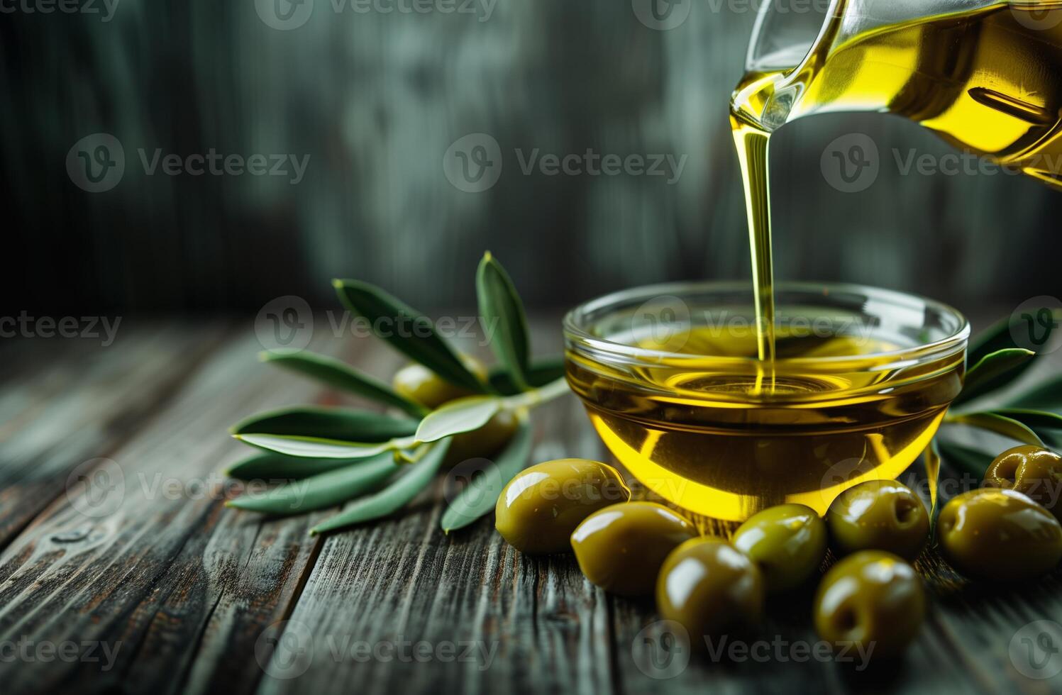 AI generated Pouring Golden Olive Oil into Glass Bowl Amidst Fresh Olives and Leaves photo