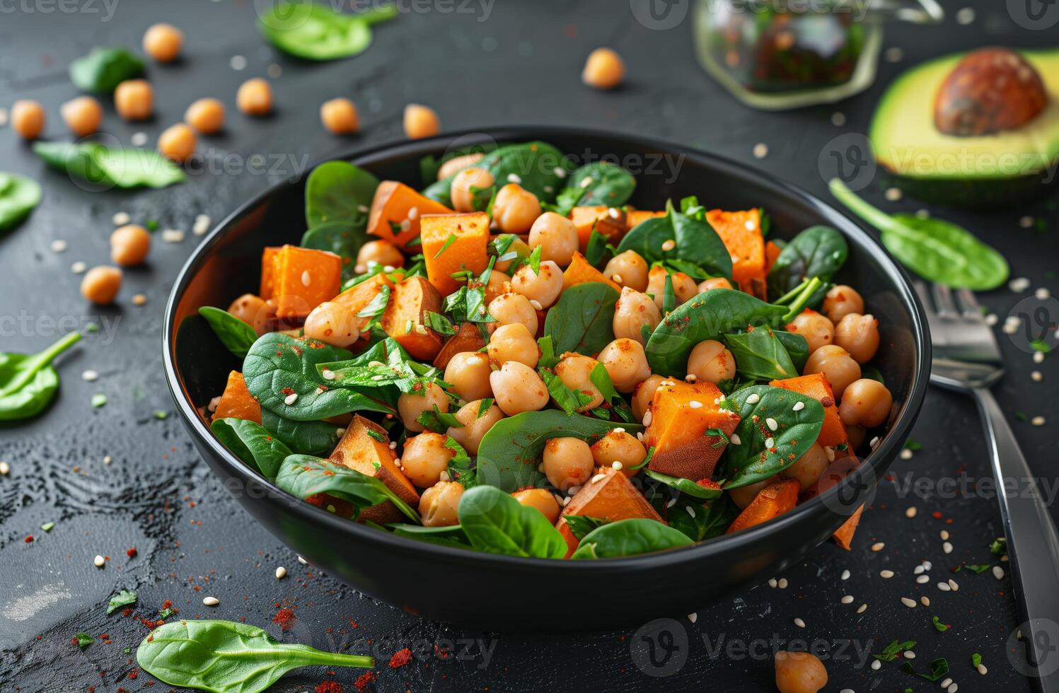 AI generated Fresh Vegan Spinach and Chickpea Salad with Avocado and Pumpkin - Healthy Eating Concept photo