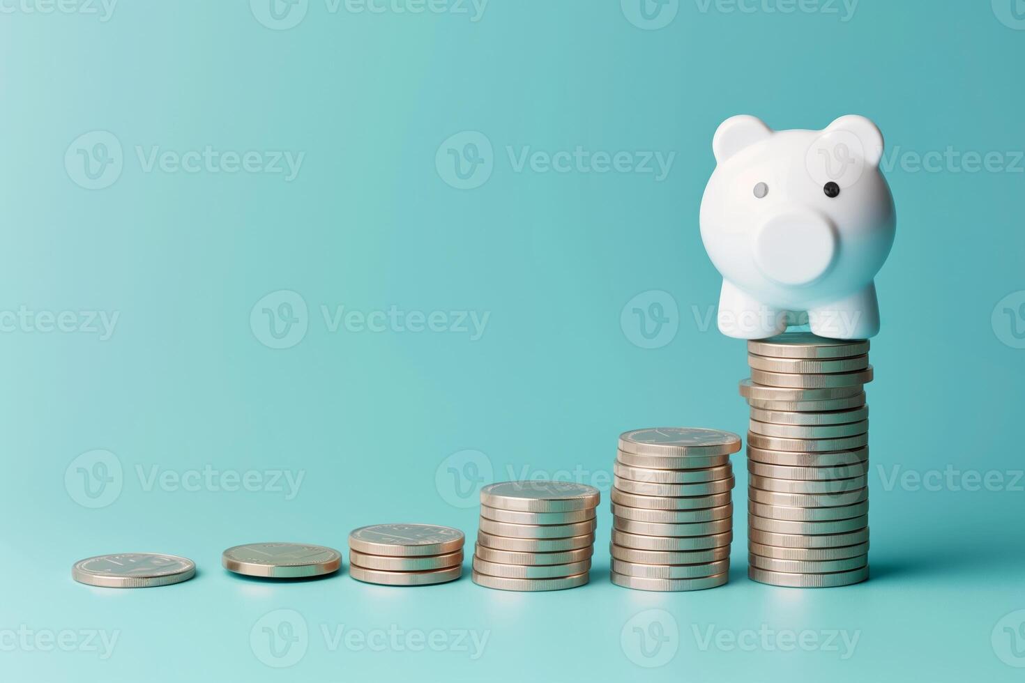 AI generated Piggy Bank Ascending on Stacked Coins Against a Serene Blue Background photo