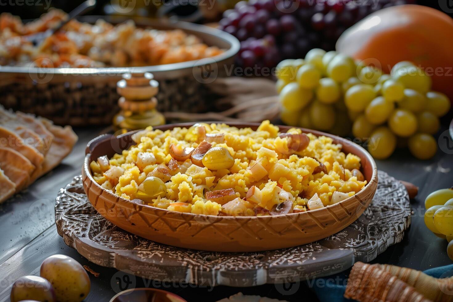 AI generated Traditional Spanish Migas in Earthenware Dish Amidst Rustic Vineyard Setting - A Taste of Heritage photo