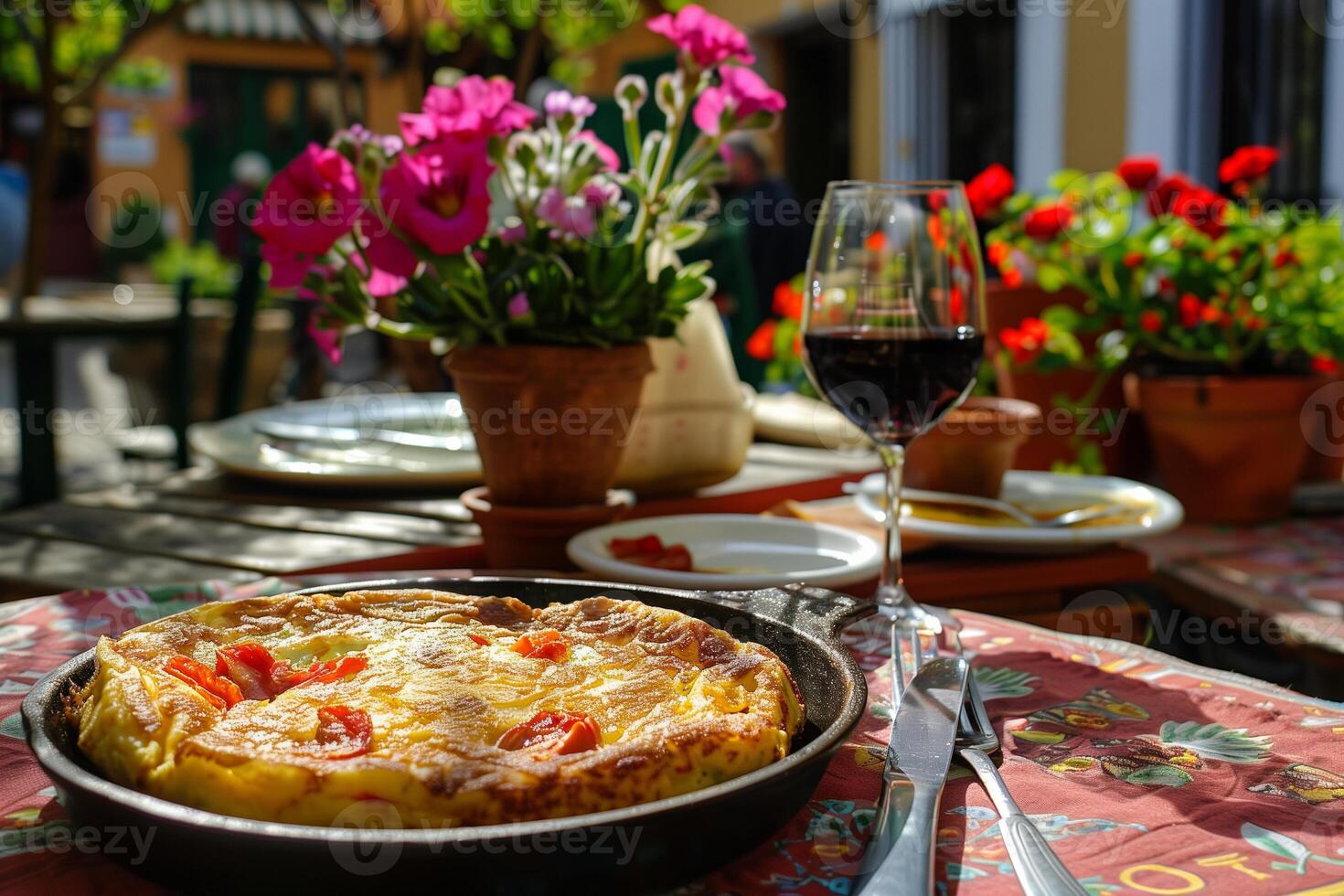 AI generated Freshly Prepared Spanish Tortilla Omelette with Vibrant Flowers in a Sunny Countryside Setting photo