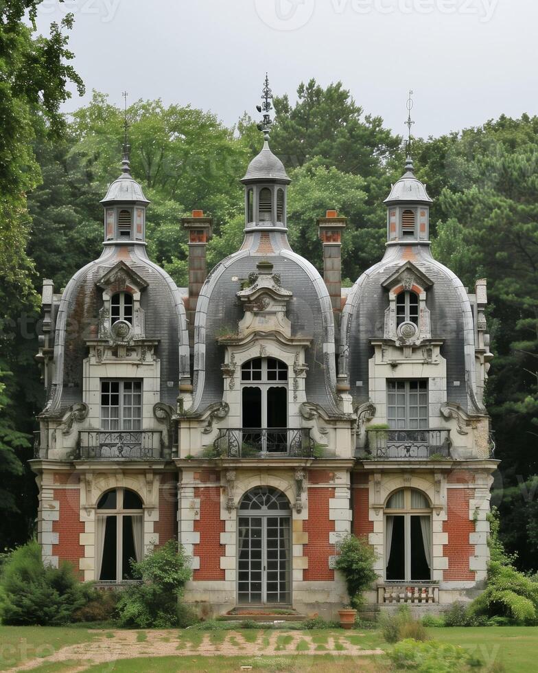 AI generated Stately Historical Mansion Nestled in Verdant Woods - Ideal for Period Dramas and Luxury Themes photo