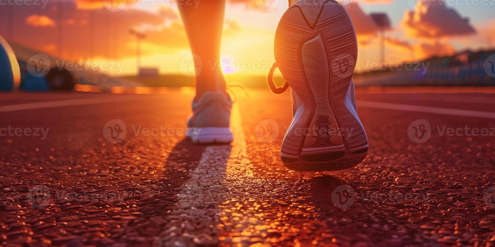 AI generated Determined Runner at Sunset on Track Field - A Story of Athletic Perseverance and Training photo