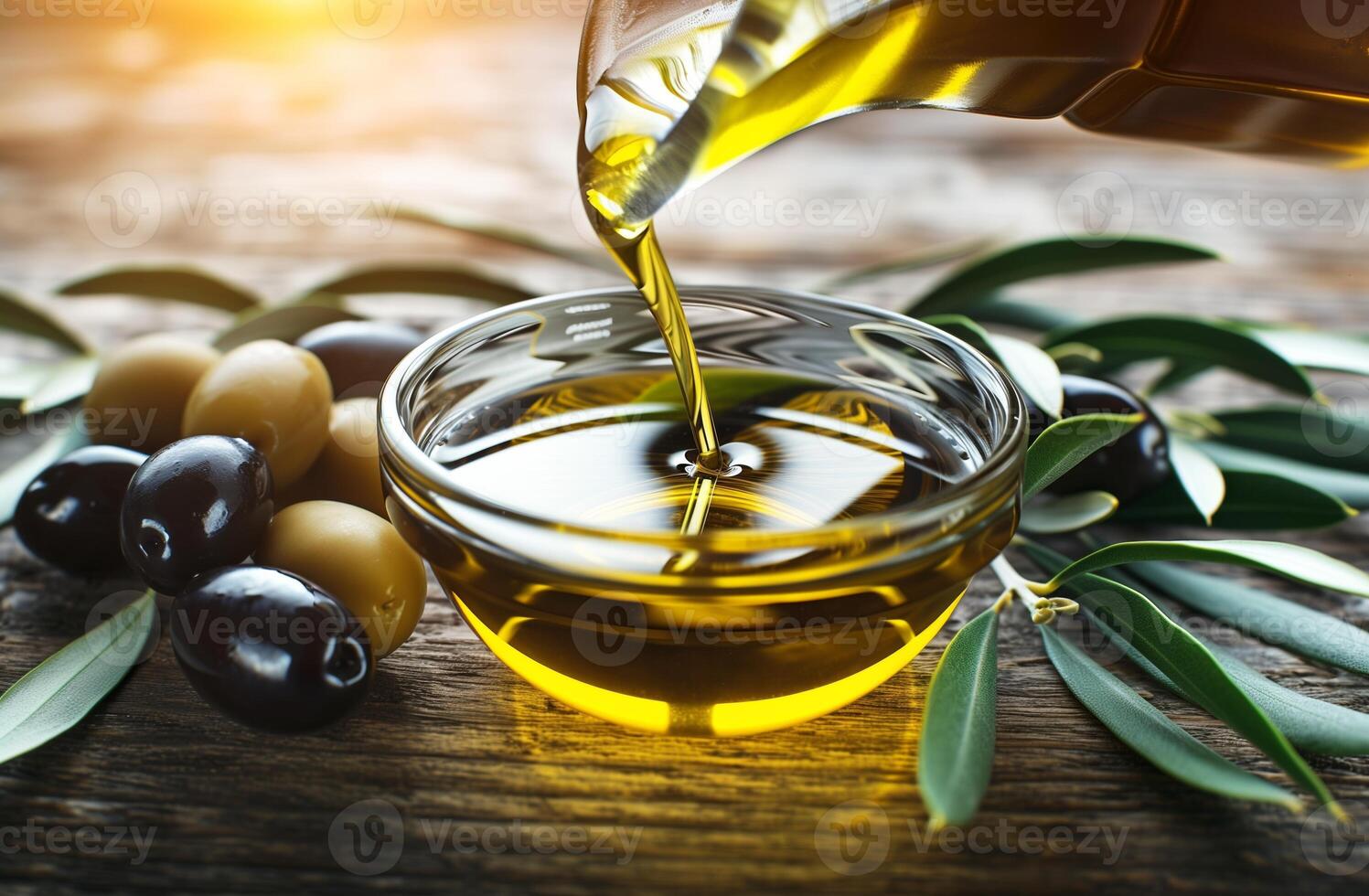 AI generated Pouring Golden Olive Oil into Glass Bowl Amidst Fresh Olives and Leaves photo