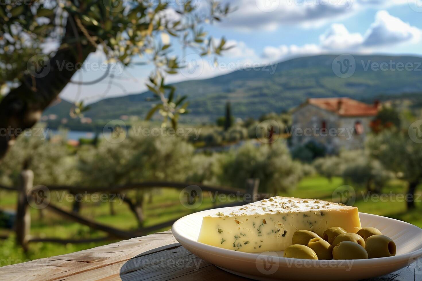 AI generated Enjoying a Slice of Cheese and Croatian Olives with a Rustic Countryside View Perfect for Gourmet Travel photo