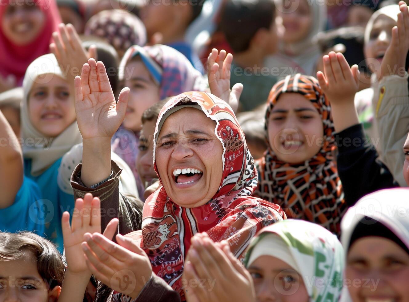 AI generated Exuberant Arab Woman with Children Celebrating in Unity, Clapping and Cheering photo