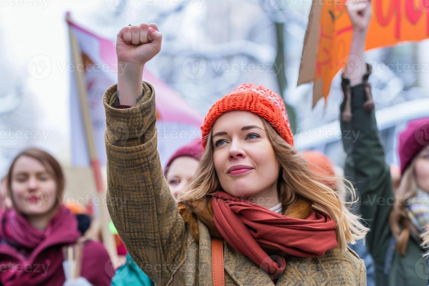 AI generated Vibrant and Empowered Young Woman at a Rally, Fist Raised in Activism and Advocacy photo