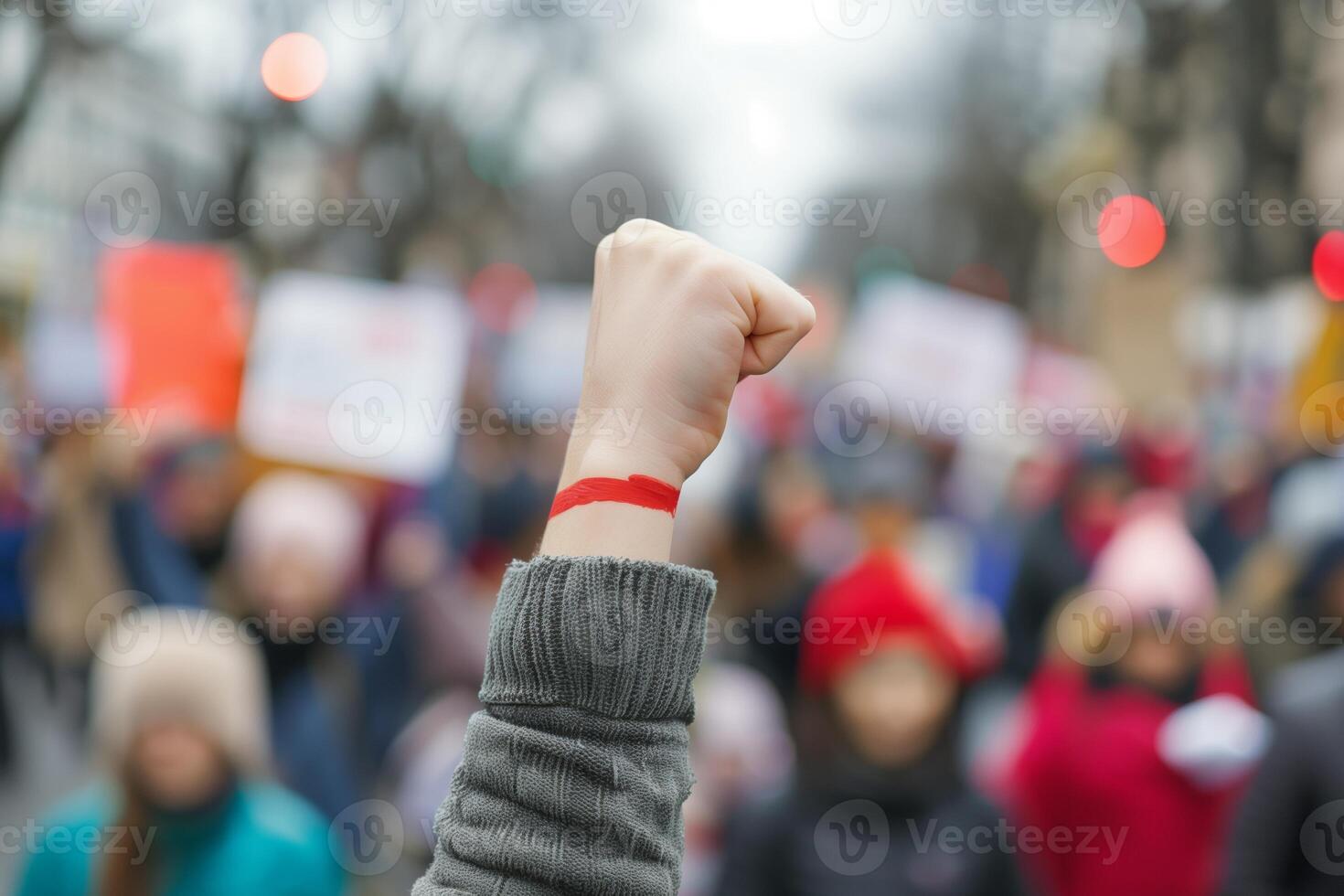 AI generated Determined Fist Raised in Solidarity at a Public Demonstration with Blurred Background photo