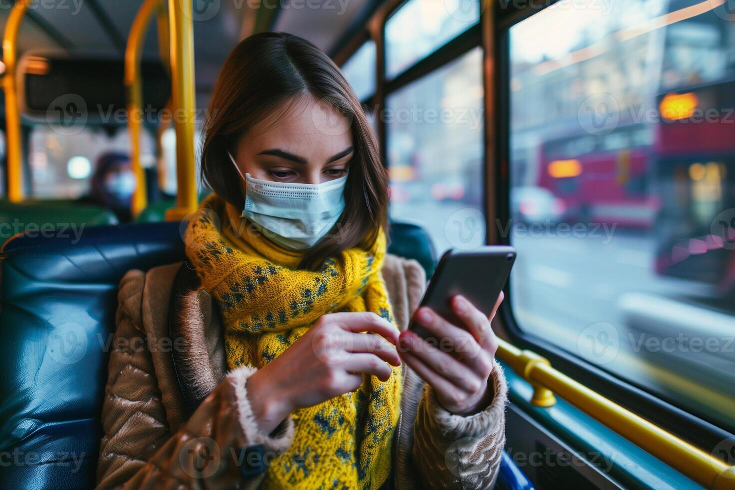 AI generated Urban Commuter Engrossed in Mobile Phone While Wearing a Face Mask, Reflecting Everyday Life and Connectivity photo
