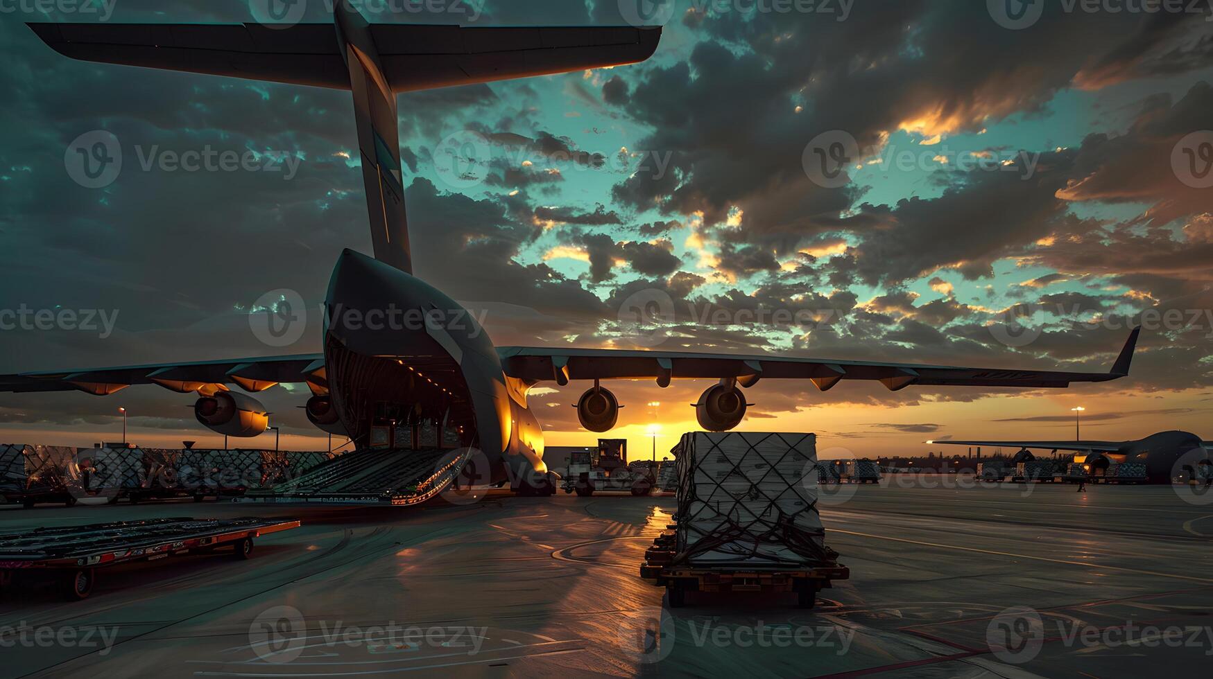 AI generated A cargo plane at the airport docks loads or unloads cargo. AI Generated photo