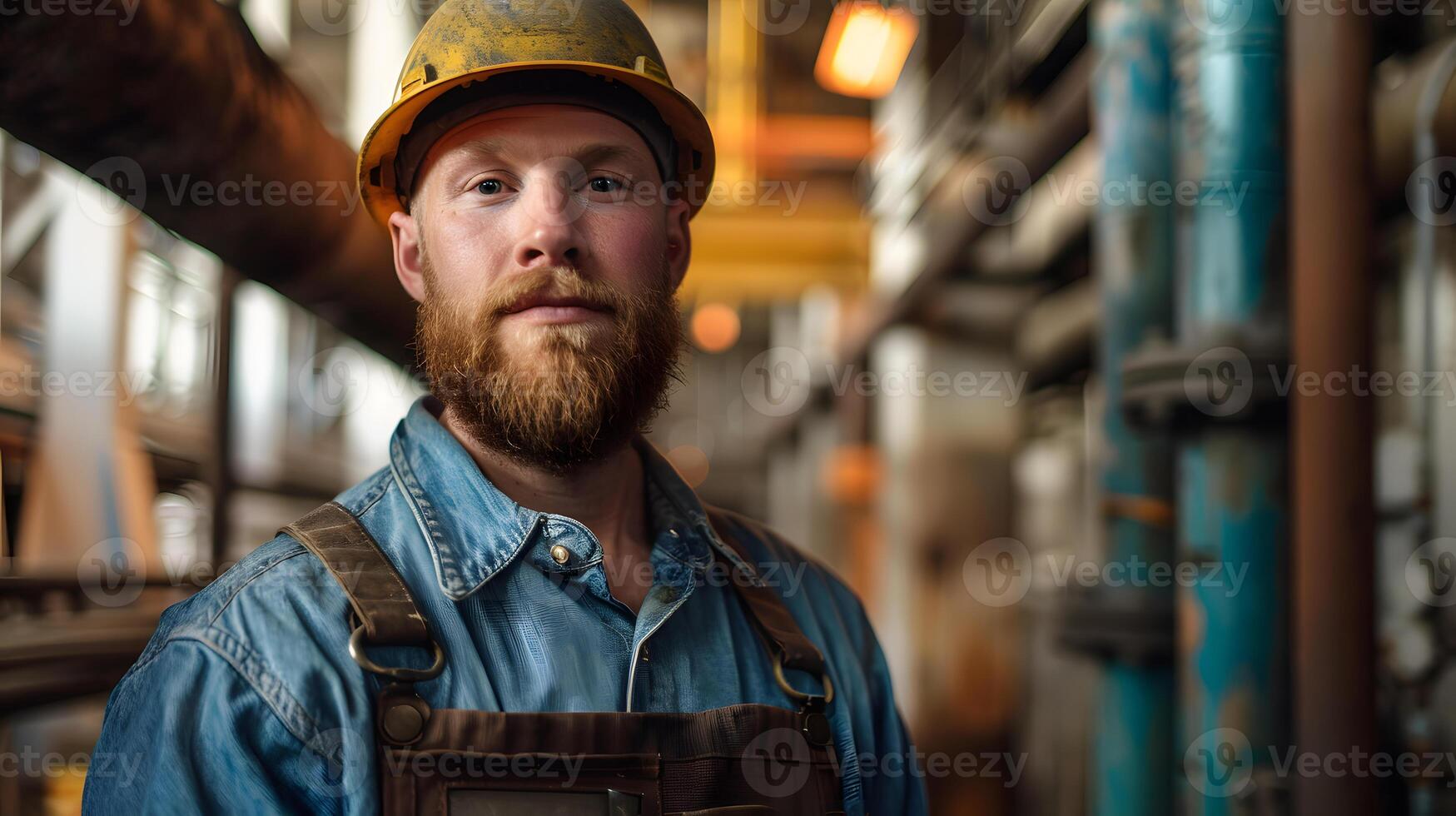 AI generated Portrait of a working man in a uniform and a hard hat. AI Generated photo