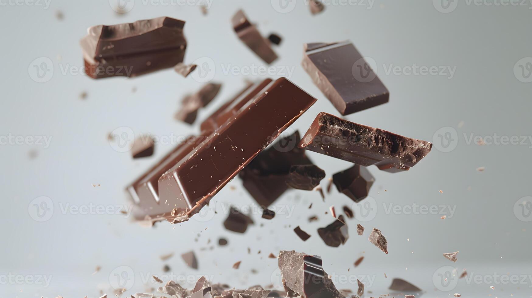 AI generated Sweet dark chocolate bar broken into pieces. AI Generated photo