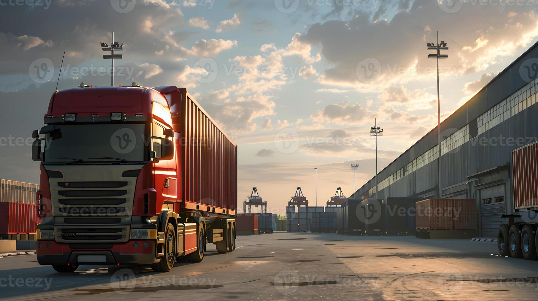 AI generated Truck trailer on the pier in the cargo port terminal with cranes and containers. AI Generated photo