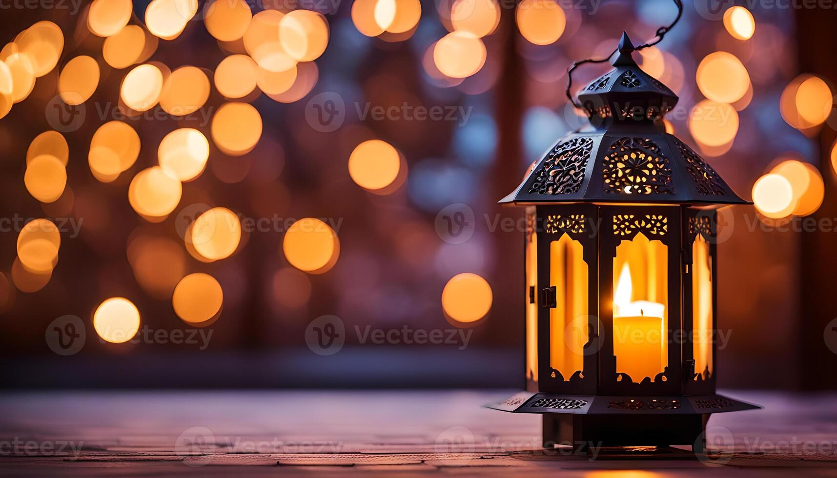 AI generated Ornamental Arabic lantern with burning candle glowing at night. photo