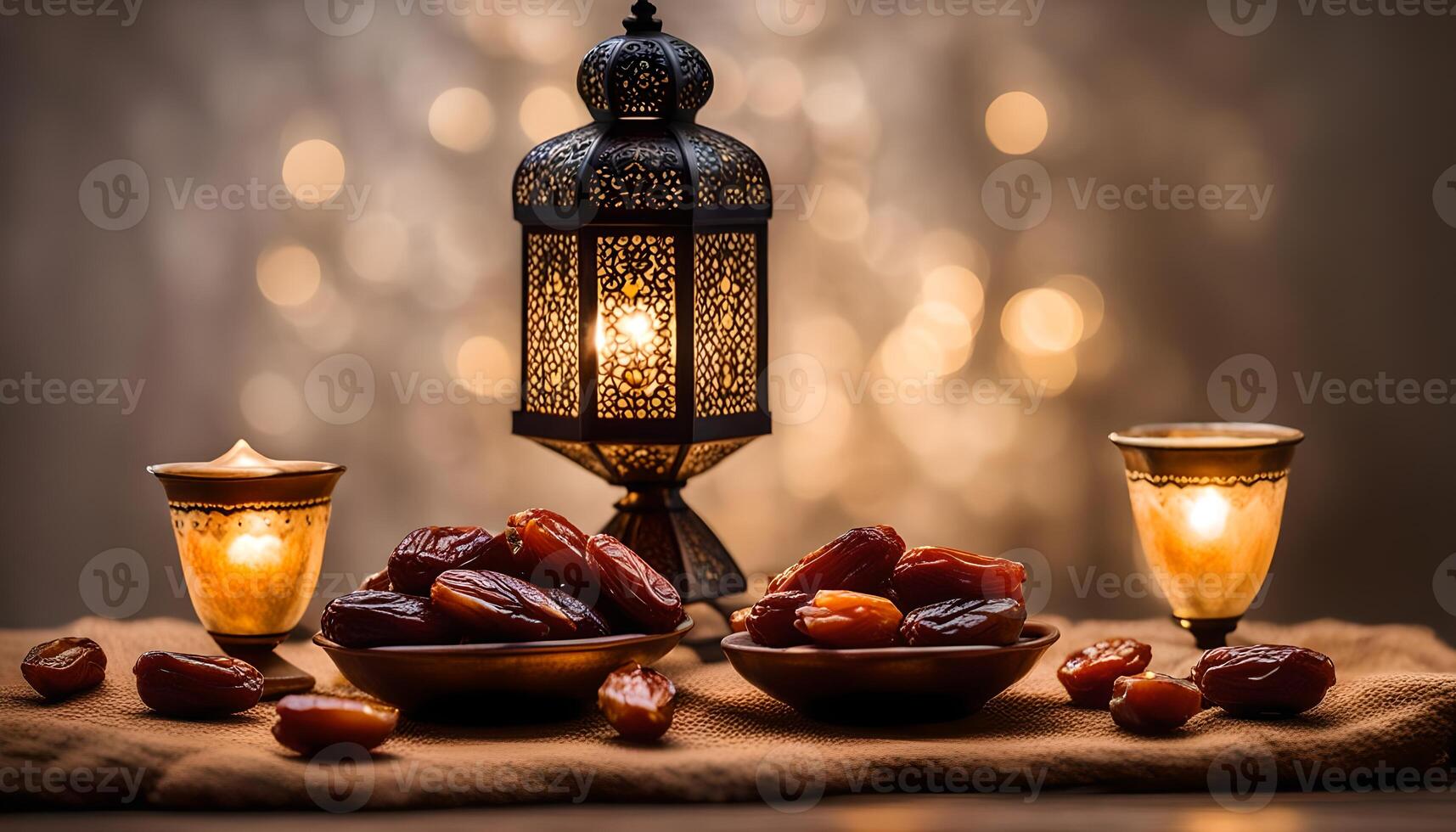 AI generated Ramadan lamp and dates still life photo