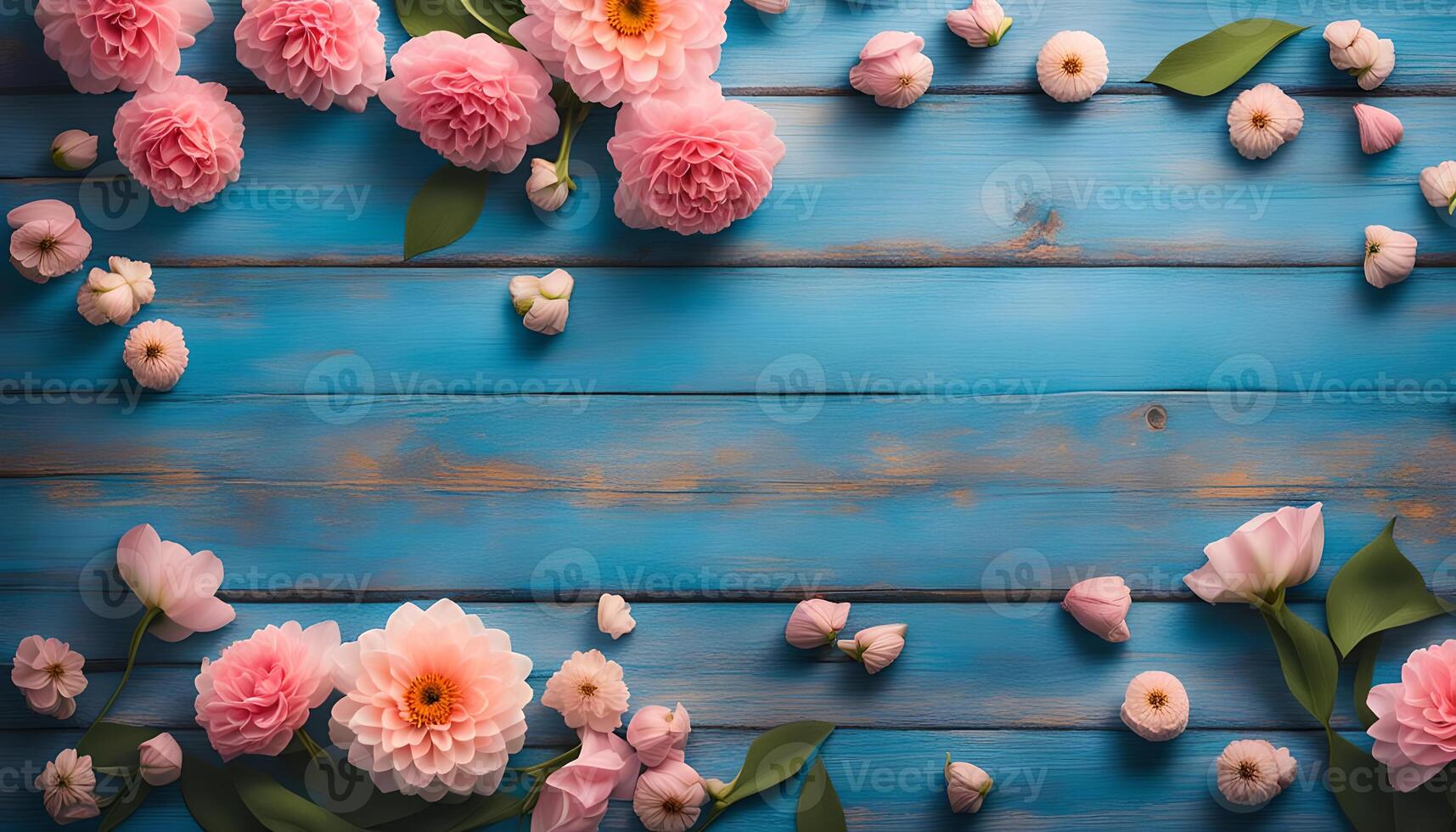 AI generated Beautiful flowers on blue wooden background photo