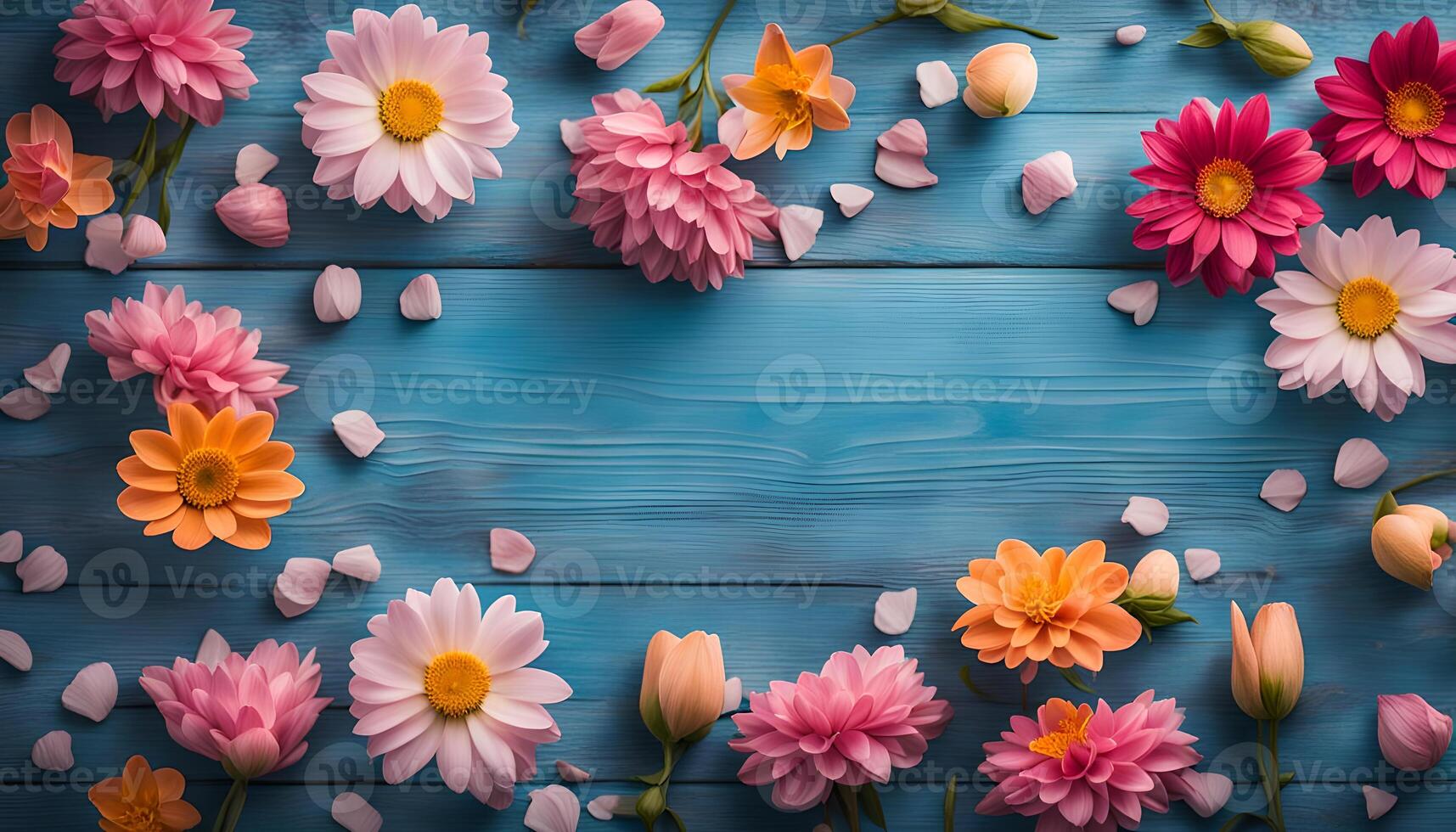 AI generated Beautiful flowers on blue wooden background photo
