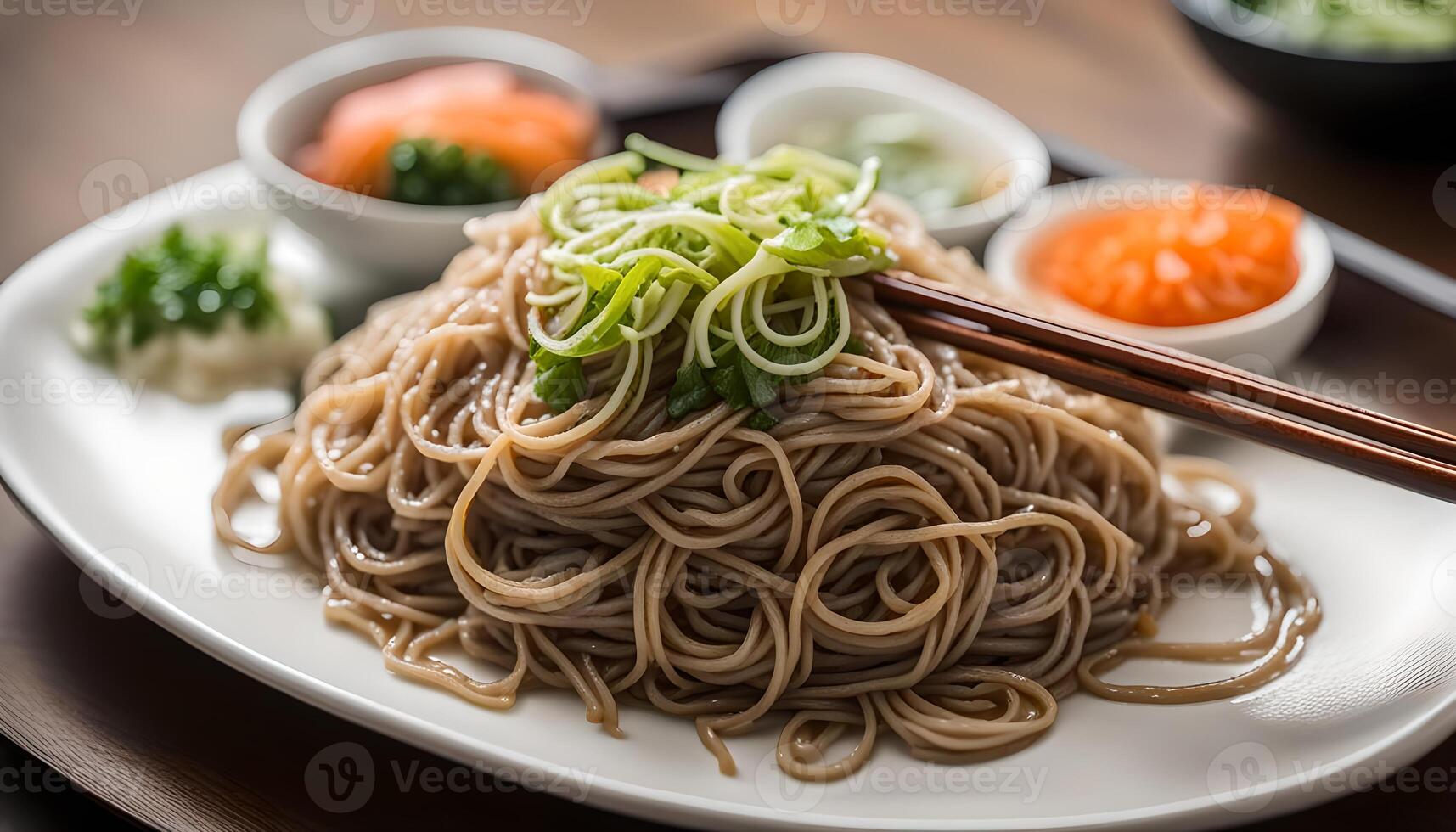 AI generated Soba noodles on plate, Japanese food photo