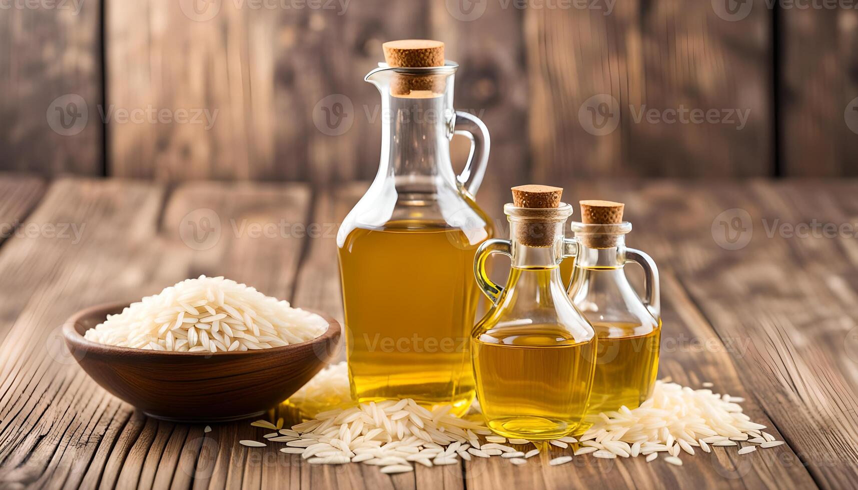 AI generated Rice bran oil in bottle glass and unmilled rice on wooden background photo