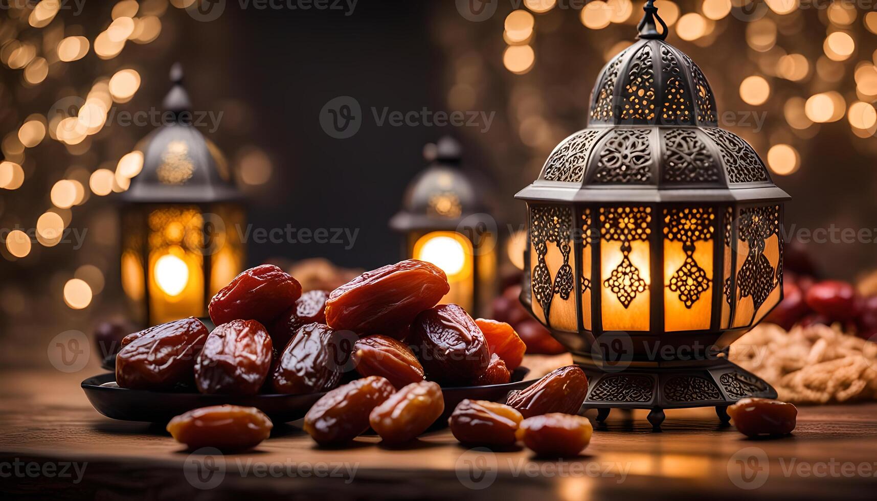 AI generated Ramadan lamp and dates still life photo