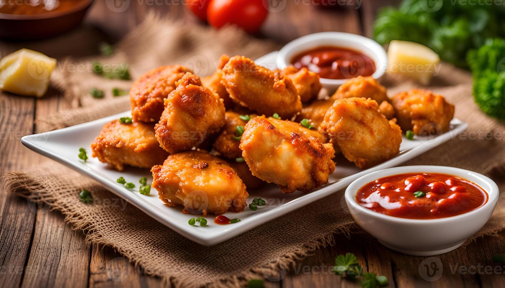 AI generated Fried nuggets of chicken breast with sauce photo