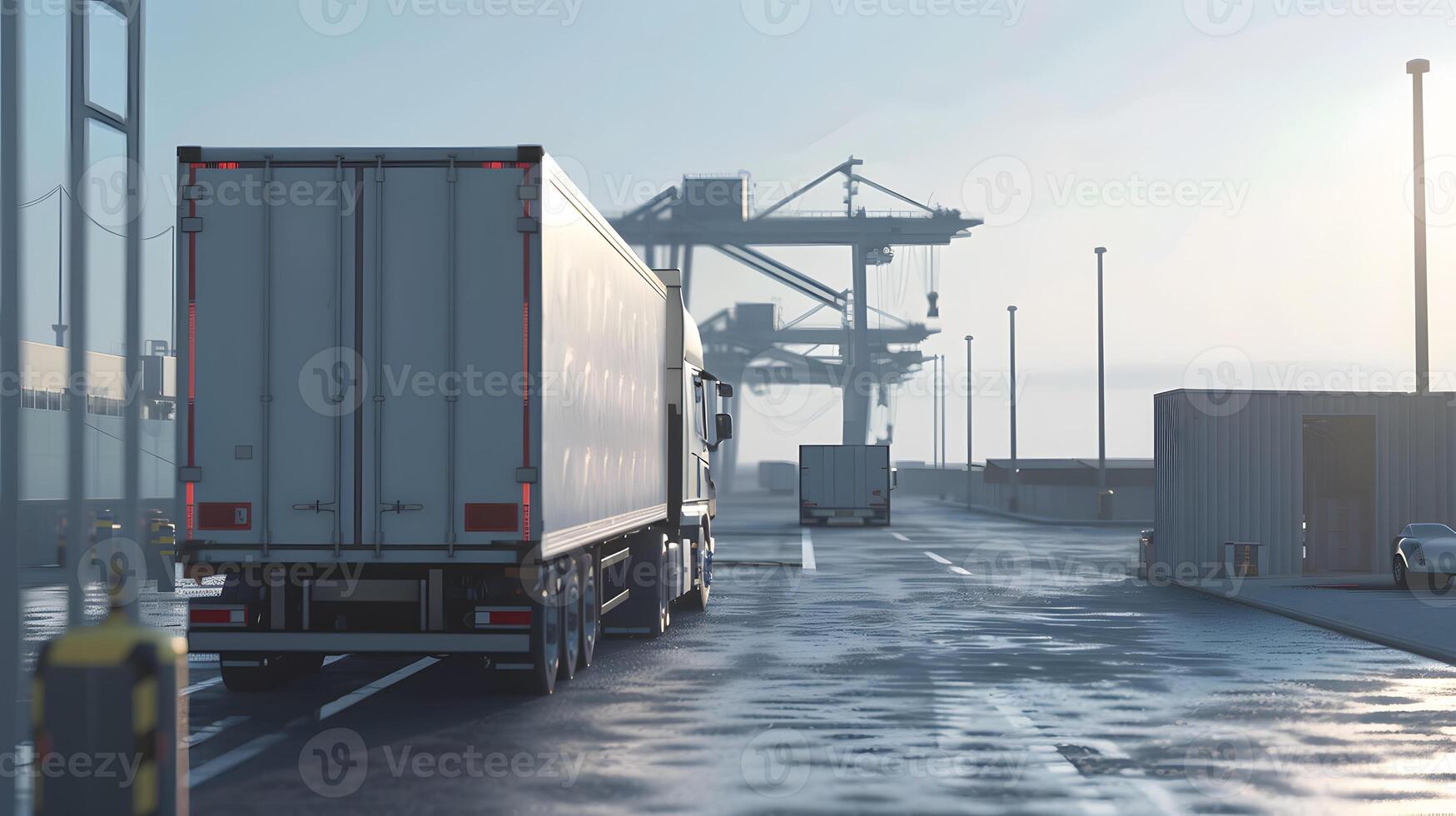 AI generated Truck trailer on the pier in the cargo port terminal with cranes and containers. AI Generated photo