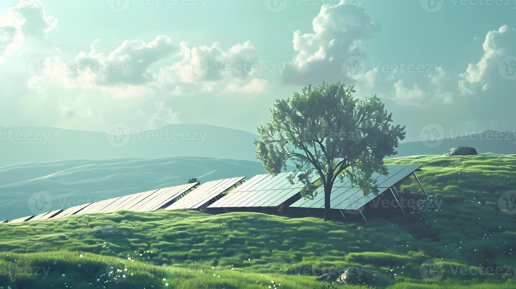 AI generated Fields of solar panels and systems to produce green electricity. AI Generated photo