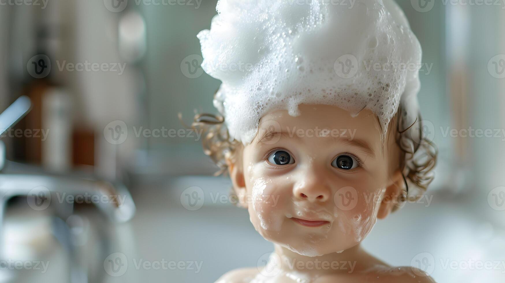 AI generated A cute little child with little foam on his head. AI Generated photo