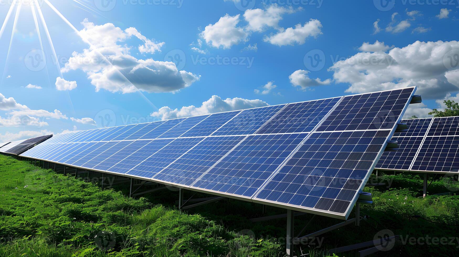 AI generated Fields of solar panels and systems to produce green electricity. AI Generated photo