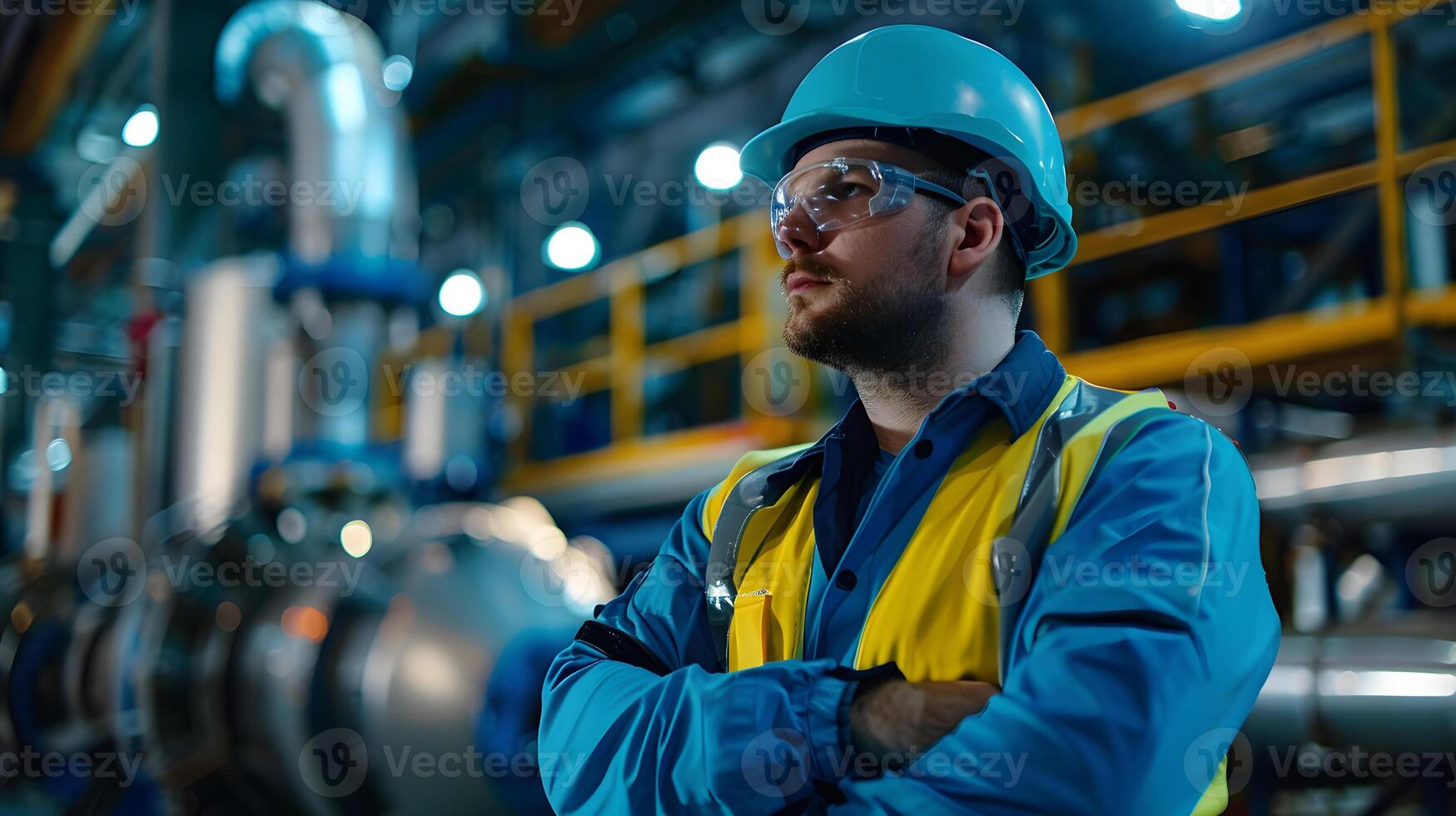 AI generated Portrait of a working man in a uniform and a hard hat. AI Generated photo