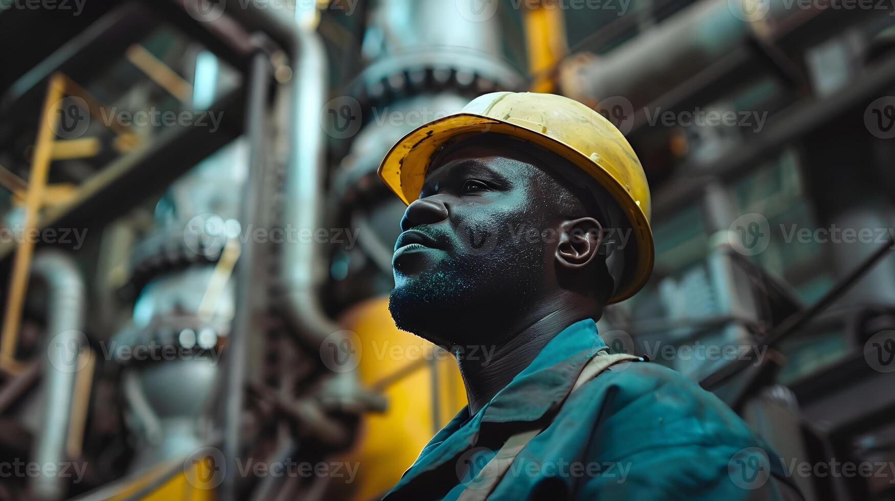 AI generated Portrait of a working man in a uniform and a hard hat. AI Generated photo
