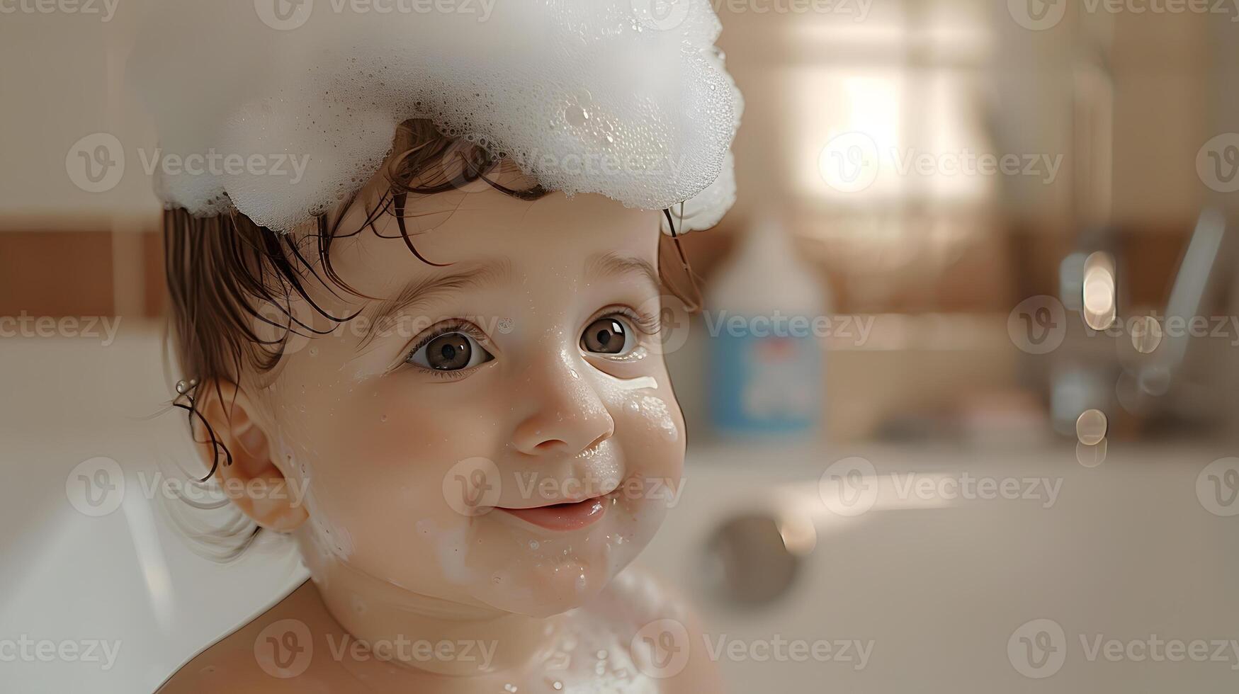 ai generado un linda pequeño niño con pequeño espuma en su cabeza. ai generado foto