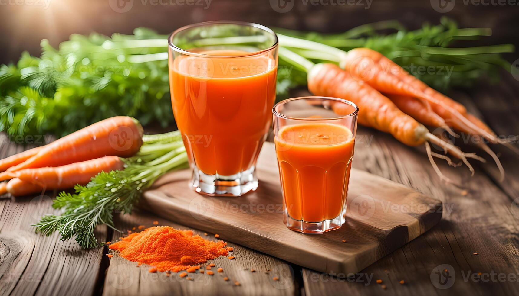 AI generated Fresh carrot juice in glass on wooden table photo