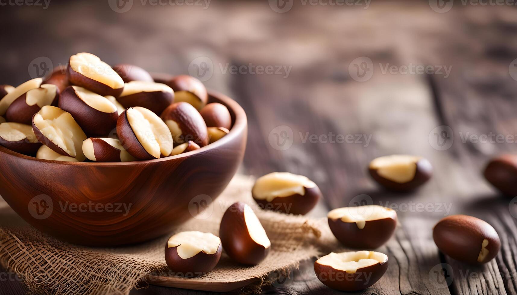 ai generado Brasil nueces en de madera cuenco foto