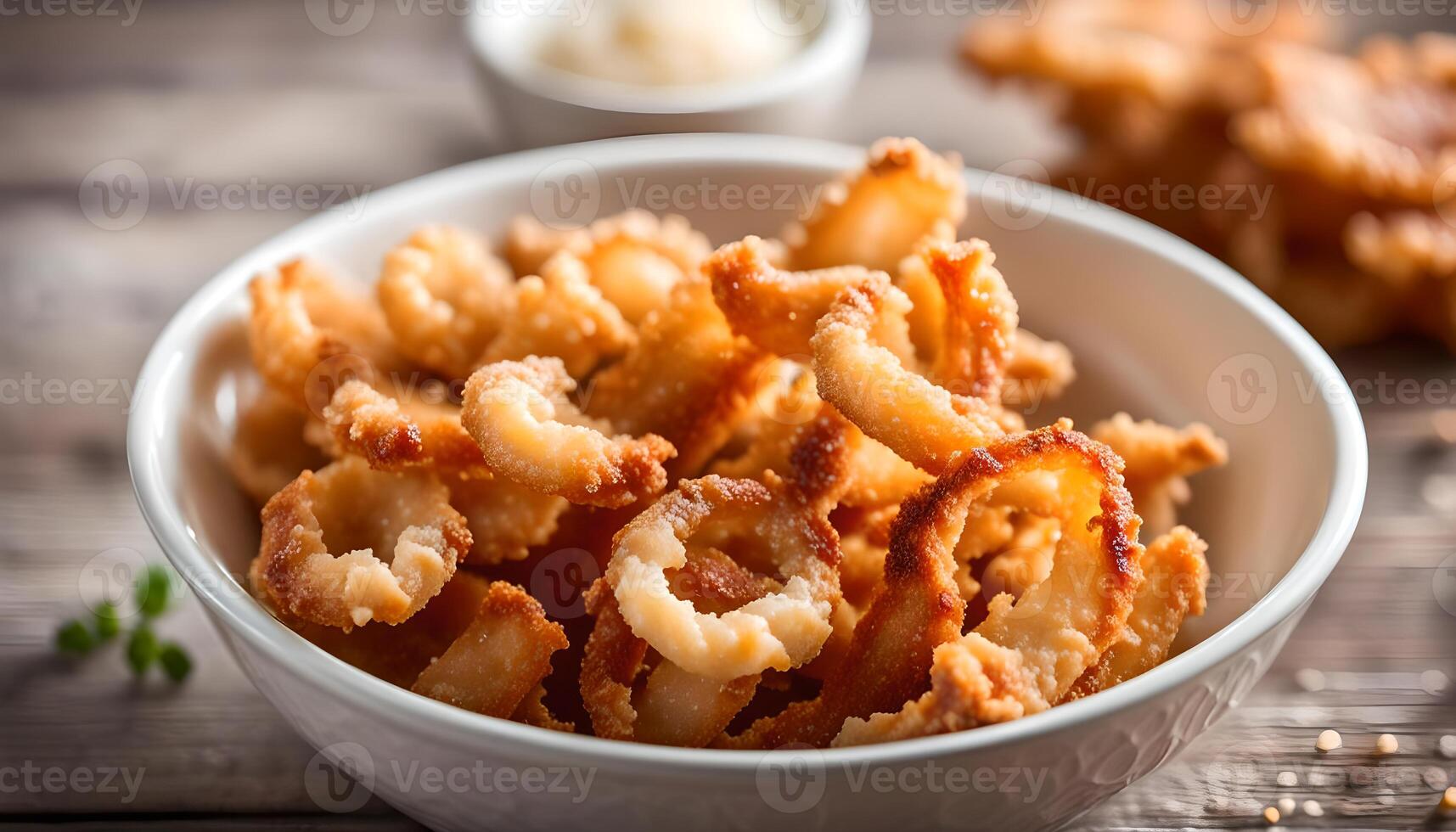 AI generated Pork rind, pork crackling in white bowl photo