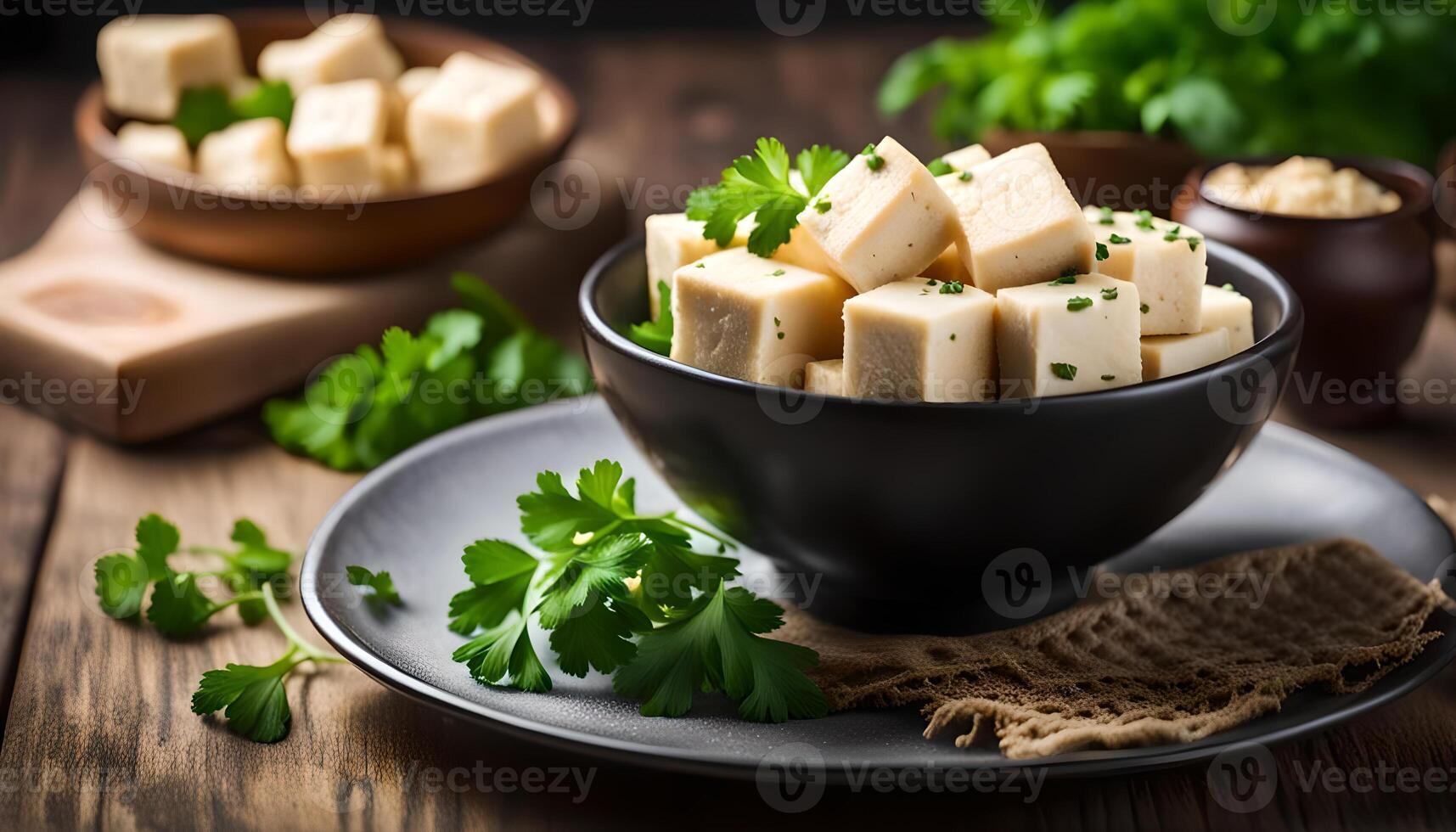 AI generated Tofu cubes in bowl and parsley photo