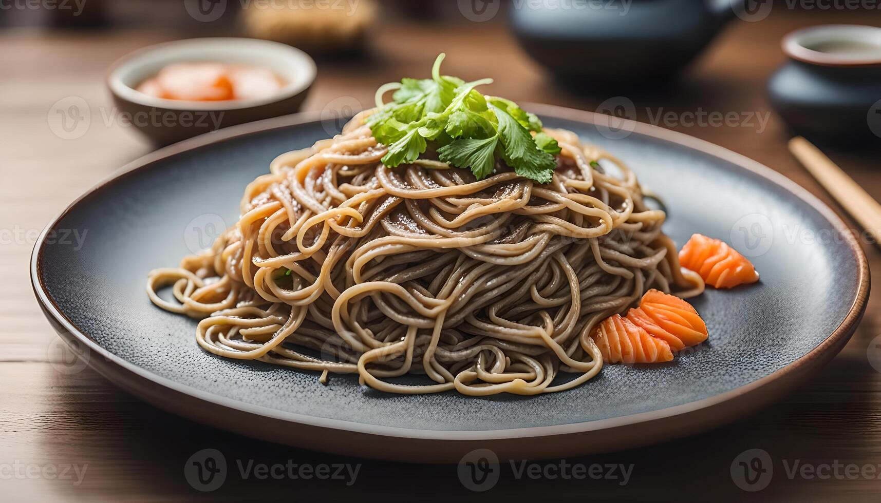 AI generated Soba noodles on plate, Japanese food photo