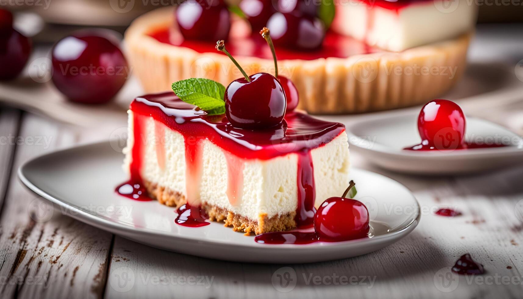 AI generated Cold cheesecake with cherry jelly. photo