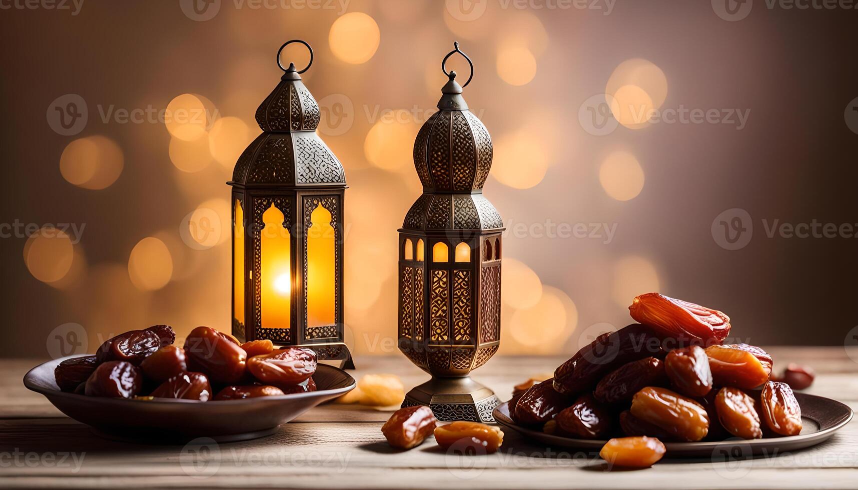 AI generated Ramadan lamp and dates still life photo