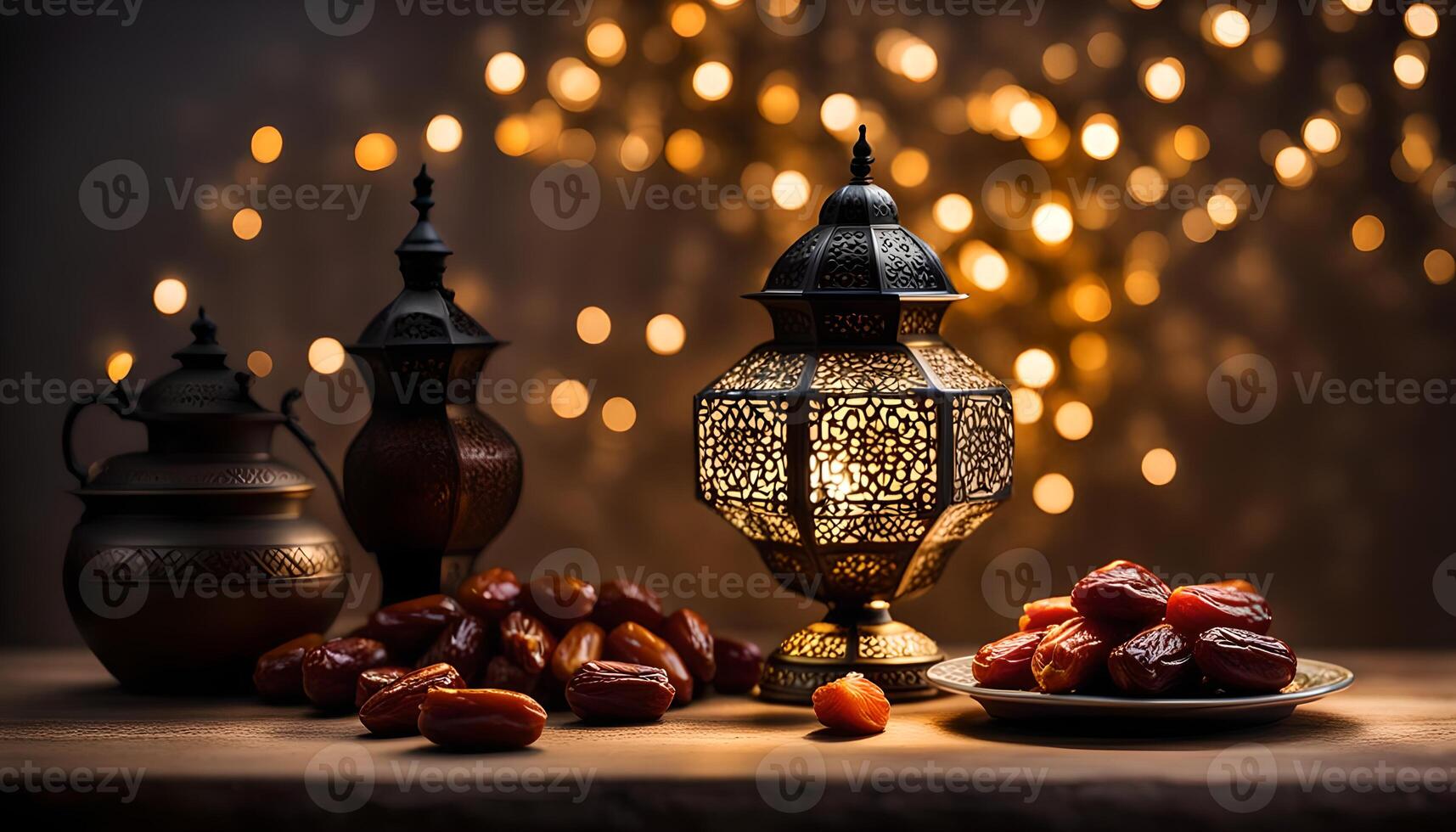AI generated Ramadan lamp and dates still life photo