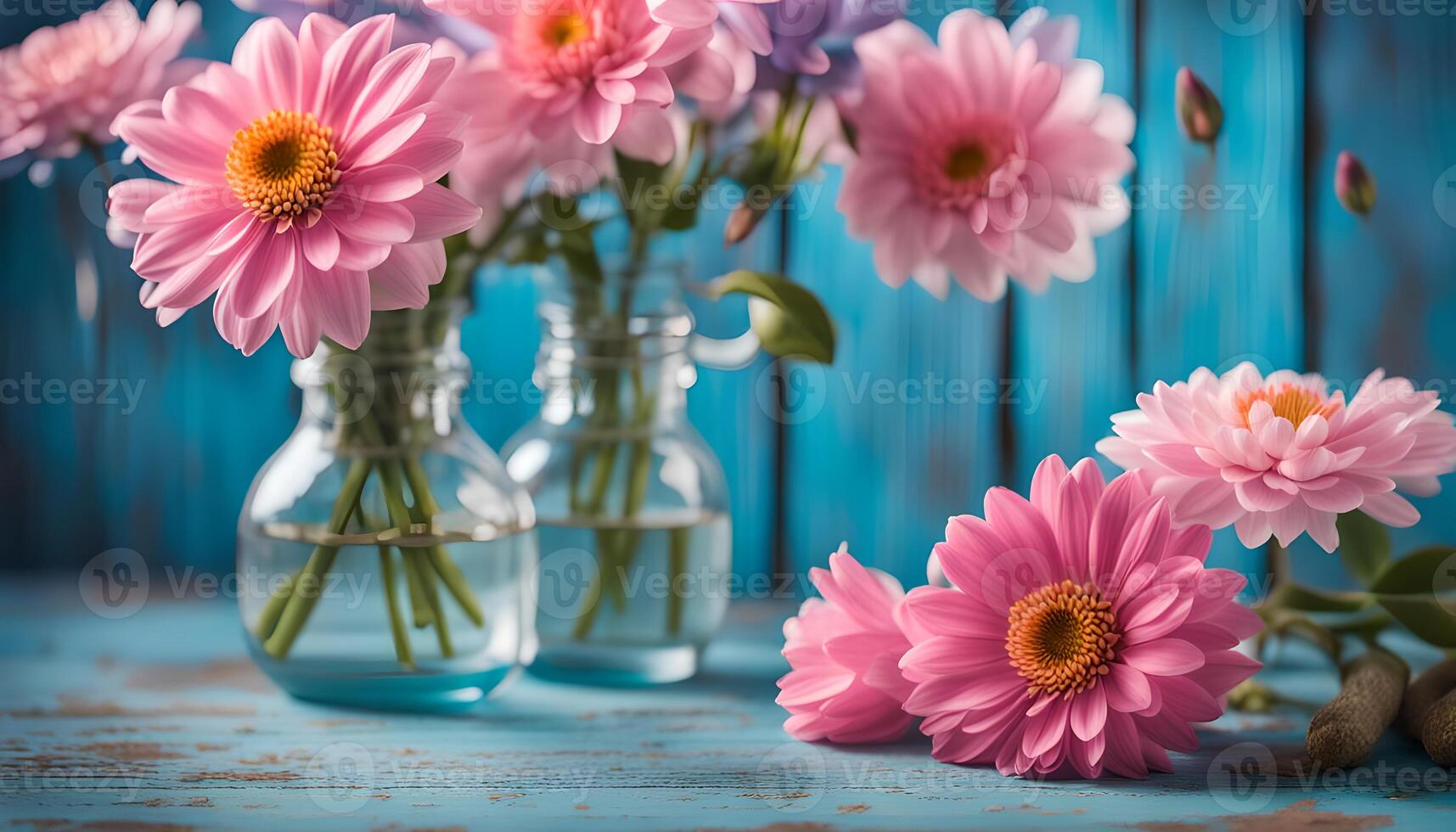 AI generated Beautiful flowers on blue wooden background photo