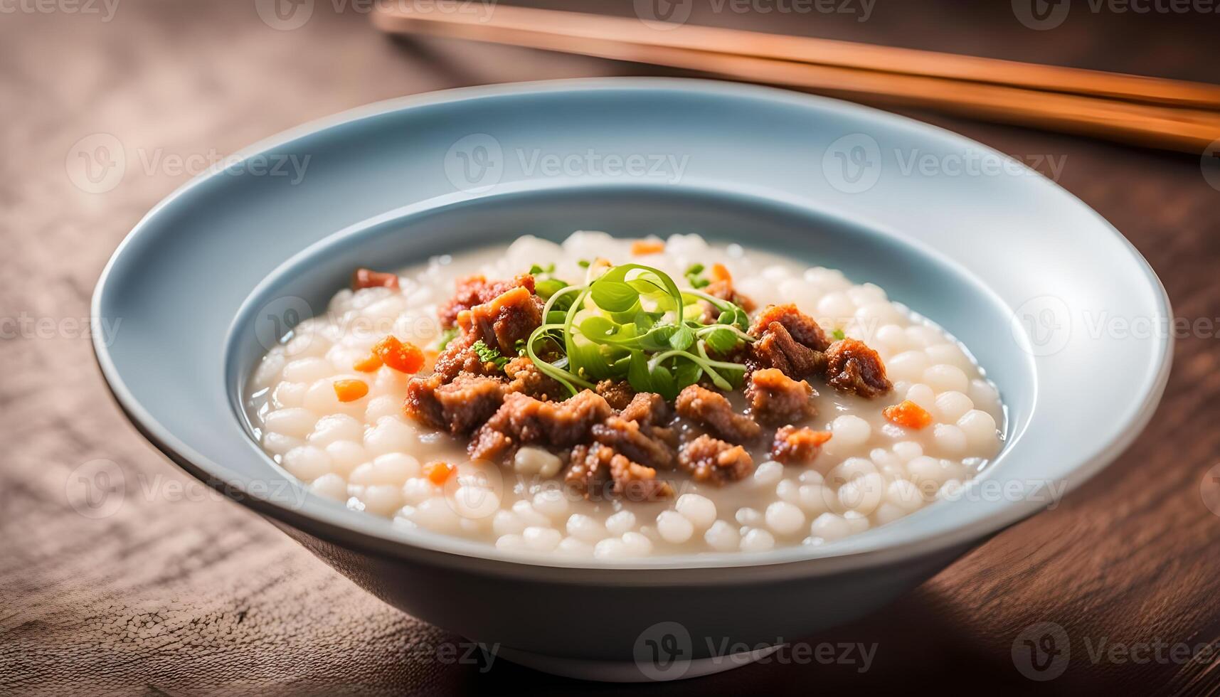 AI generated Congee with minced pork in bowl photo