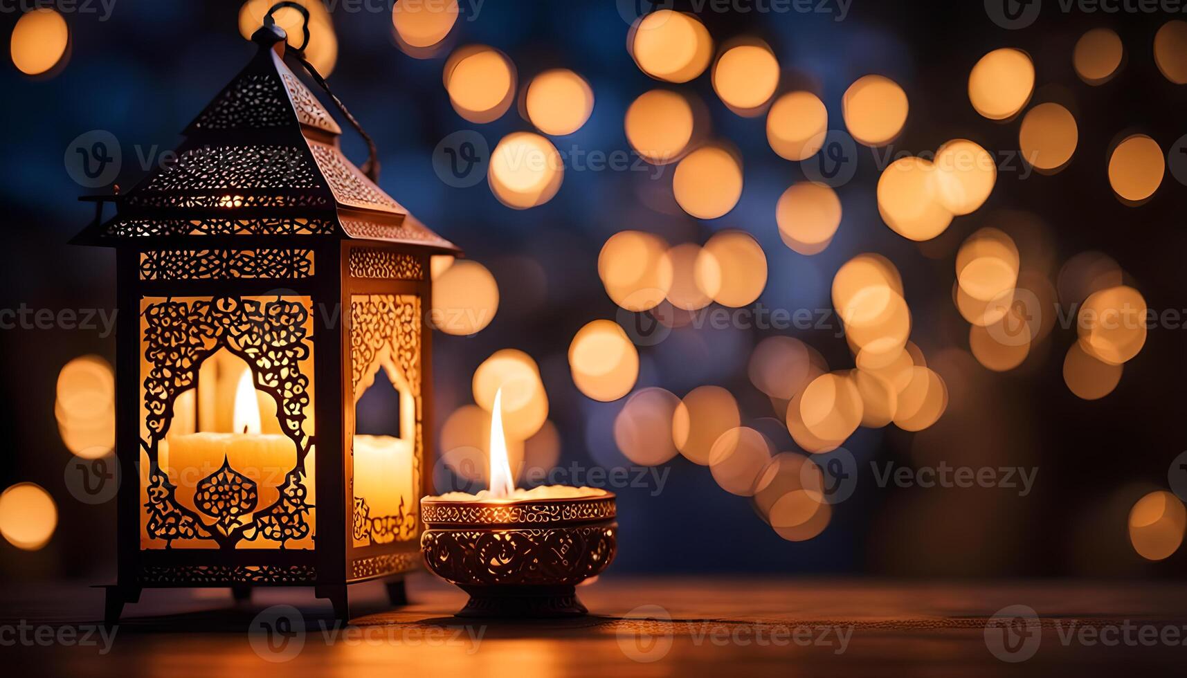 ai generado ornamental Arábica linterna con ardiente vela brillante a noche. foto