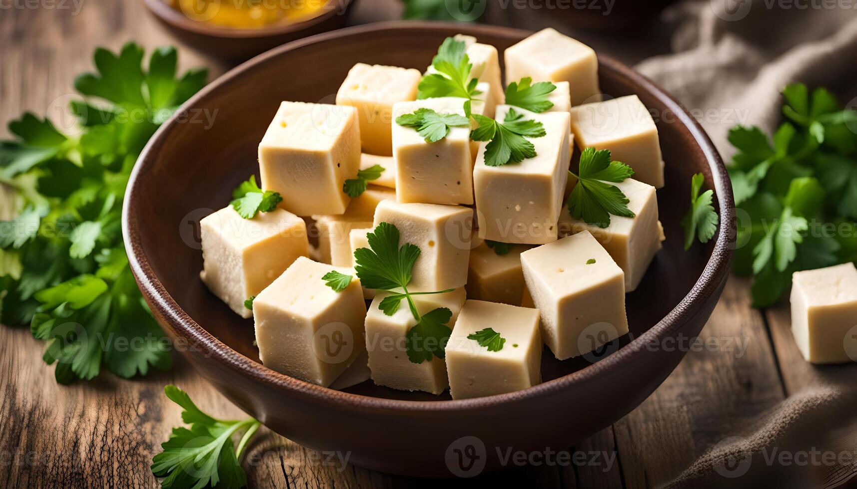 AI generated Tofu cubes in bowl and parsley photo