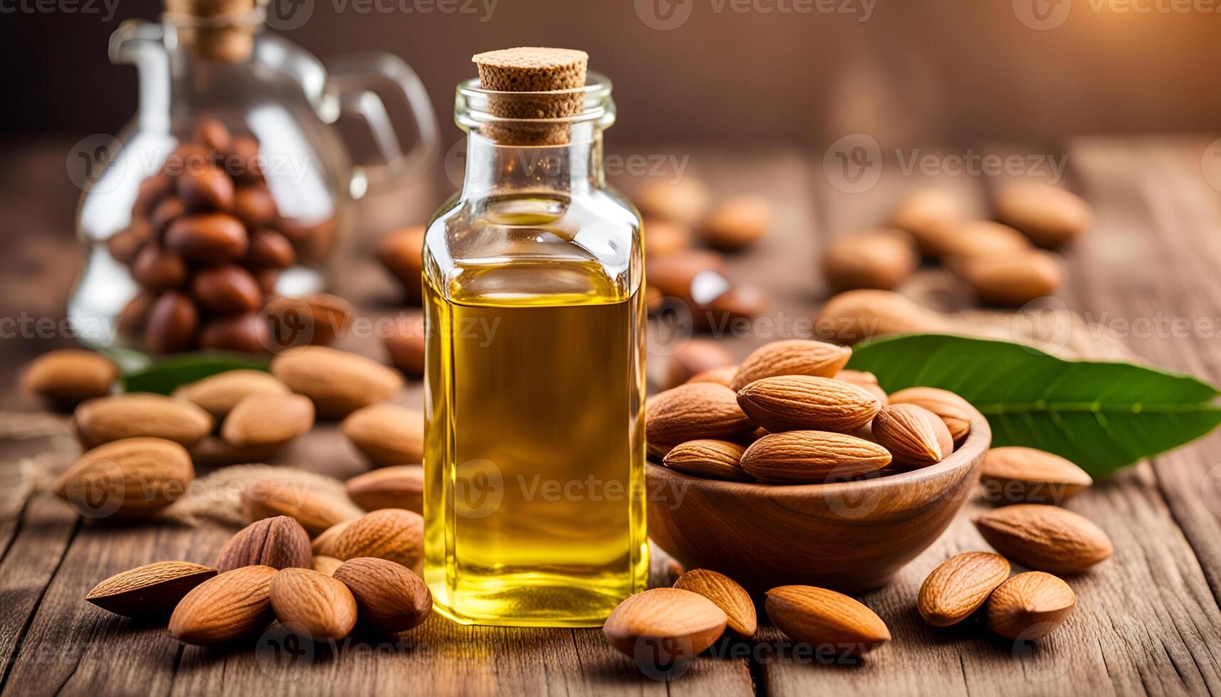 AI generated Almond oil in glass bottle and almonds on wooden table photo