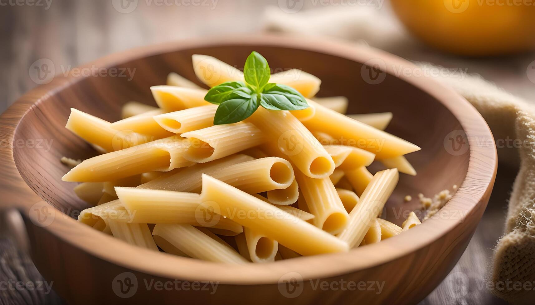 AI generated Raw penne pasta in wooden bowl photo