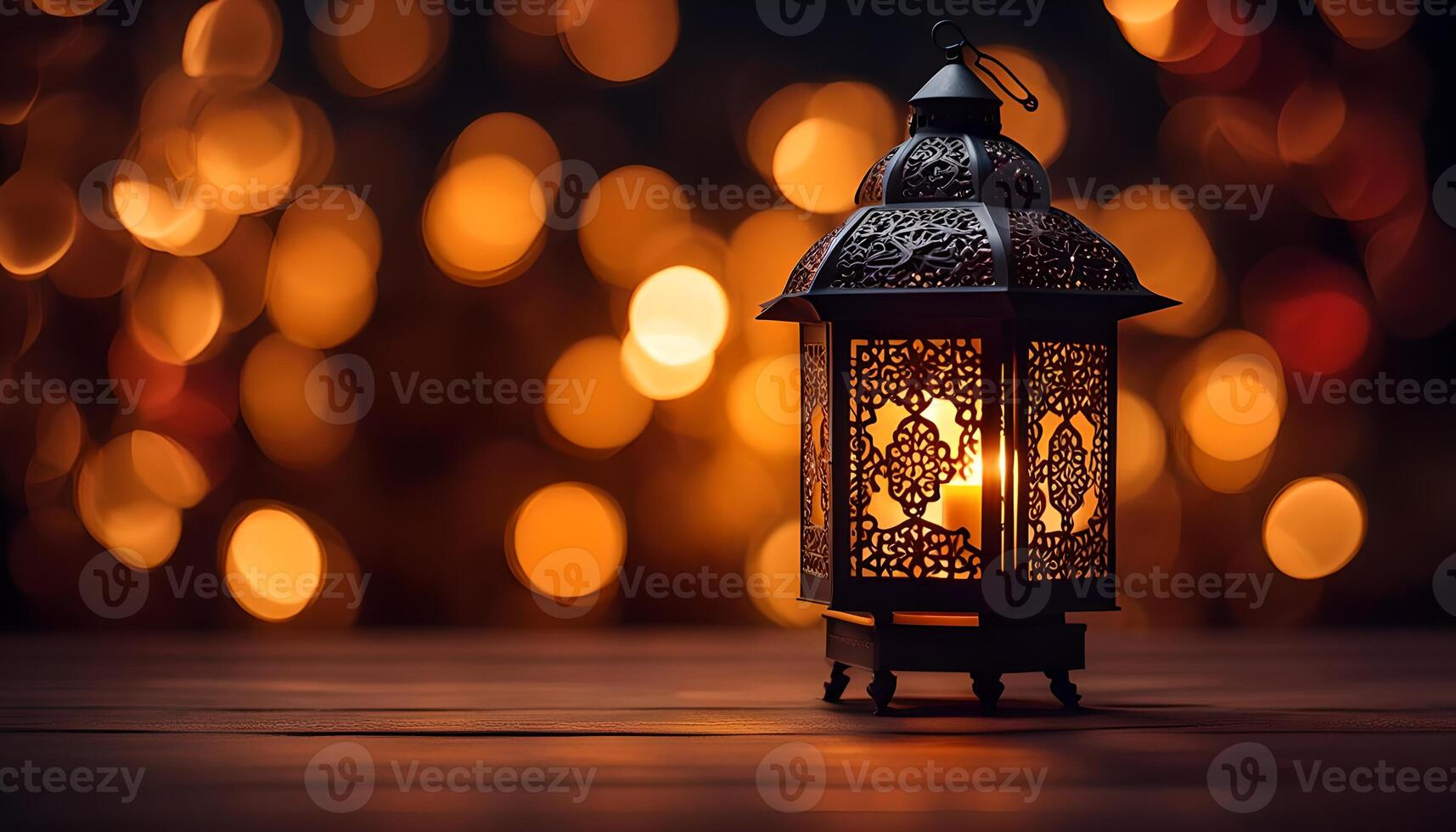 AI generated Ornamental Arabic lantern with burning candle glowing at night. photo