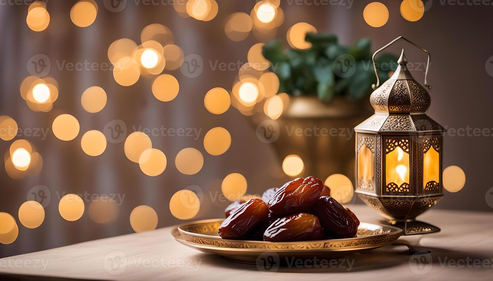 AI generated Ramadan lamp and dates still life photo