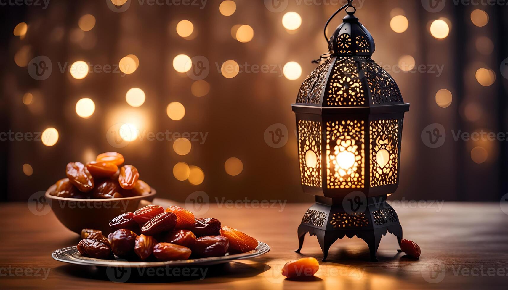 AI generated Ramadan lamp and dates still life photo