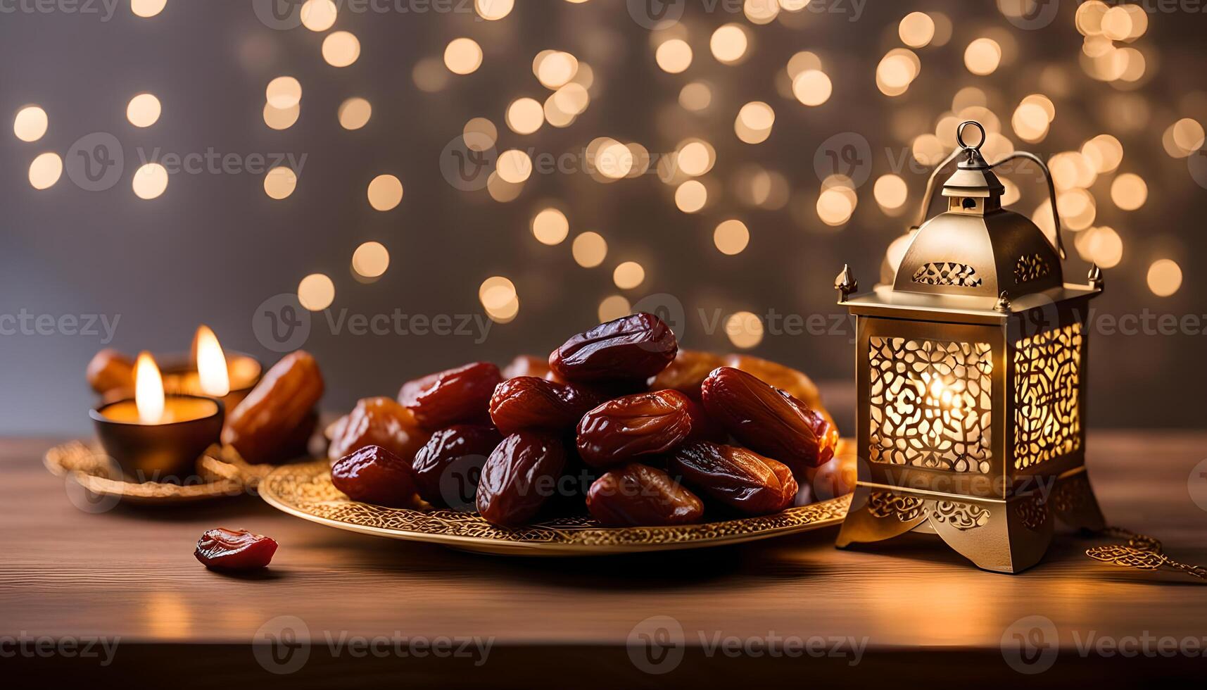 AI generated Ramadan lamp and dates still life photo